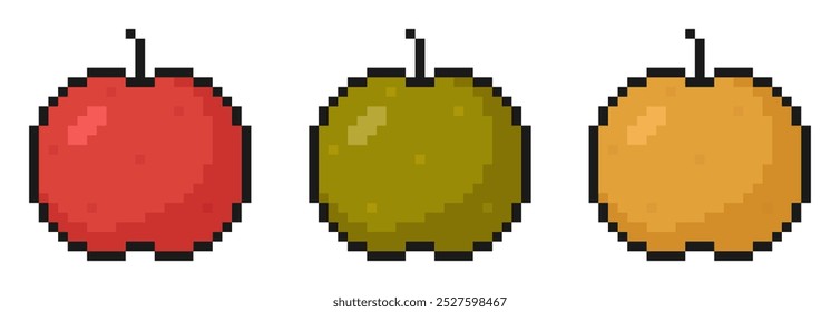 pixel art apple icons, set of various apples, red, green, yellow, icons for game or mobile app, stickers, 80s, 90s old arcade game style, vector illustration