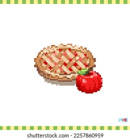 Pixel art apple pie icon. Vector 8 bit style illustration of sweet dessert cake. Cute decorative sweet food element of retro video game computer graphic for game asset, sprite, sticker or web.