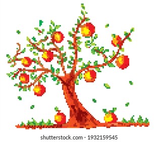 Pixel art apple tree. Colored vector for card or gift. 