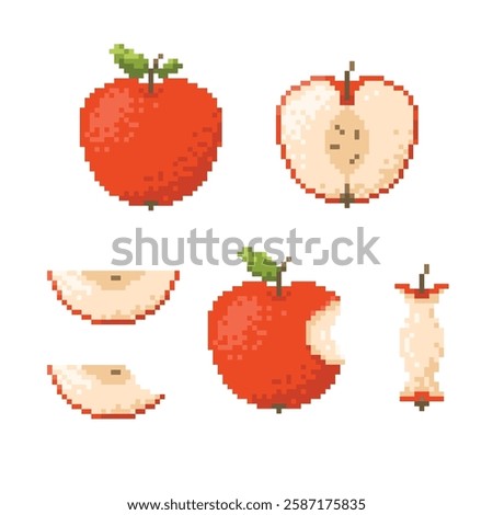 Pixel art apples collection. Fresh fruits in 8 bit retro style. Set of cartoon mosaic icons of different types of apple. Vector illustration in 90s design