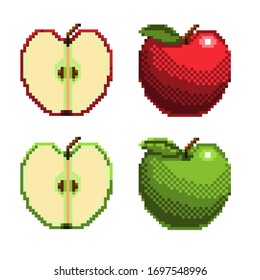 pixel art apples and halves of apples icon. 32x32 pixels. Vector illustration on a white background.