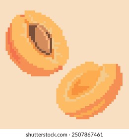 Pixel art of apricot halves with and without pits on a light beige background. Ideal for digital art projects, food illustration, game design and retro design.