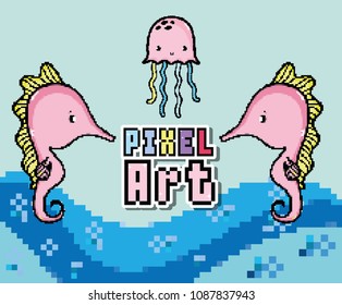 Pixel art aquatic world cartoons