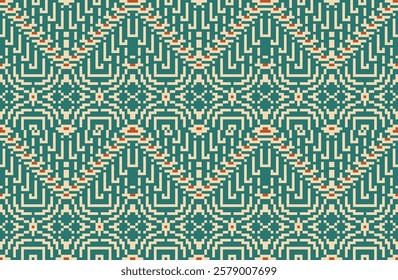 Pixel Art Arabic Paper Patternfolk Embroidery, Aztec Geometric Ornament Print. Design for Carpet, Wallpaper, Clothing, Wrapping, Fabric