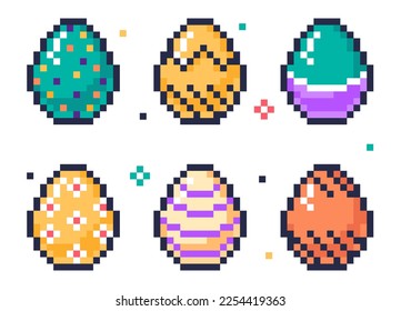 Pixel art arcade game eggs. Easter pixel 8 bit eggs, painted chicken eggs, chicken egg hunt game flat vector illustration set on white background