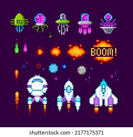 Pixel Art arcade game elements and icons. Pixel Ufo aliens, space ships, rockets, explosion animation. 8-bit computer game in 80s -90s style. Retro video game sprites. Space arcade. Vector template