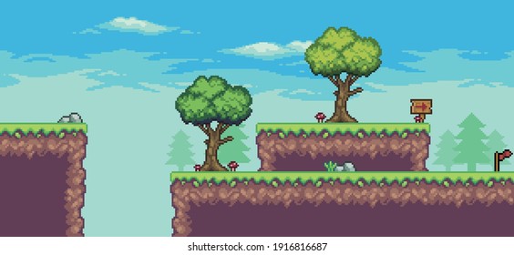 Pixel art arcade game scene with trees, clouds, board, stones and flag 8bit background