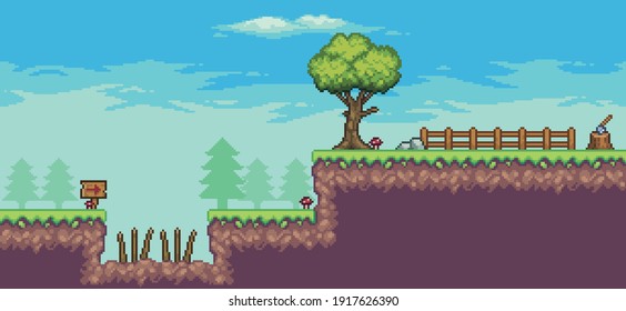 Escena de juegos de arcada de arte de Pixel con árboles, vallas, espinas, nubes, piedras y bandera de 8 bits. 
