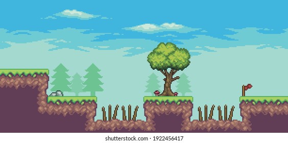 Pixel art arcade game scene with trees, thorns, clouds, stones and flag 8bit background
