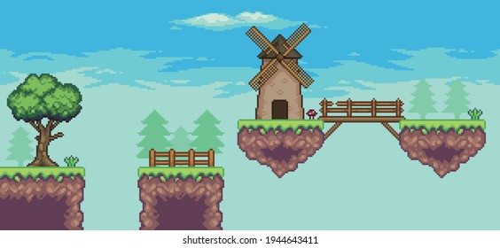 Pixel art arcade game scene with floating platform, mill, bridge, trees, fence and clouds, 8bit background PART 11

