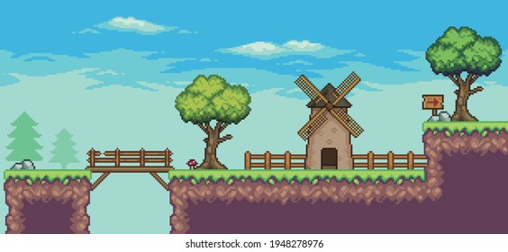 Escena de juegos de arcade de arte de Pixel con plataforma flotante, molino, puente, árboles, valla y nubes, 8 bits.