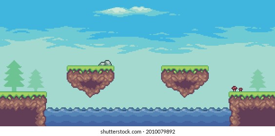 Pixel art arcade game scene with trees, floating platform, lake and clouds 8bit background