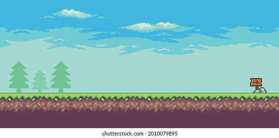 Pixel art arcade game scene with trees, clouds and 8bit wooden board 