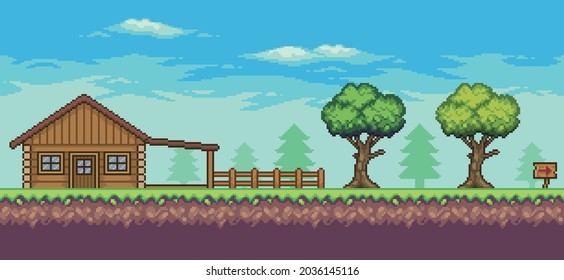 Pixel art arcade game scene with wood house, trees, fence and clouds
8bit background