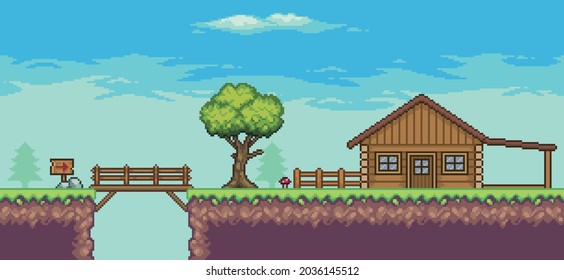 Pixel art arcade game scene with wood house, trees, fence, bridge and clouds 8bit background