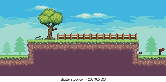 Pixel art arcade game scene with 
trees, fence, flag, and clouds 8bit background