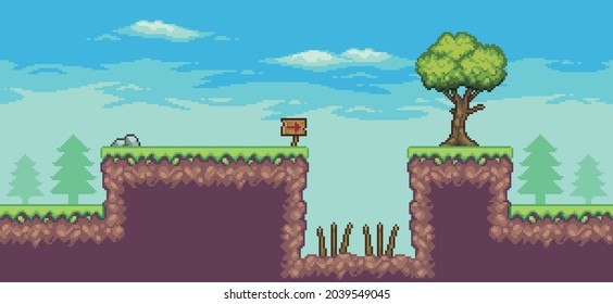 Pixel art arcade game scene with 
trees, board, trap, and clouds 8bit background