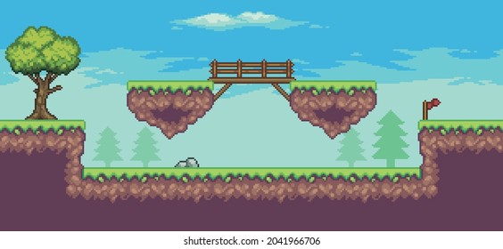 Pixel art arcade game scene with floating platform, trees, bridge and clouds 8bit background