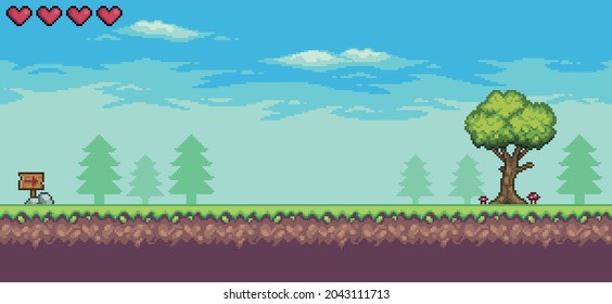 Pixel art arcade game scene with life bar, trees, board and clouds 8bit background