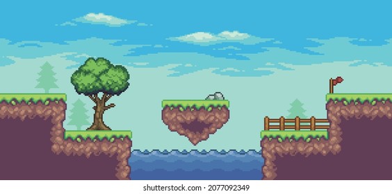 Pixel art arcade game scene with tree, lake, floating island, fence, flag and clouds 8 bit vector background
