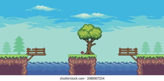 Pixel-Art-Arcade-Spielszene mit Baum, See, Brücke, Zaun und Wolken 8-Bit-Vektorhintergrund