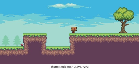 Pixel art arcade game scene with trees, wooden board and clouds 8 bit vector background
