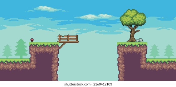 Pixel Art Arcade Game Scene With Tree, Bridge, Fence, And Clouds 8 Bit Vector Background