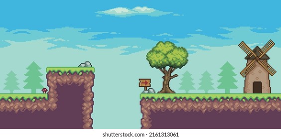 Escena de juegos de arcade de arte de píxeles con molino, árboles y nubes, fondo vectorial de 8 bits
