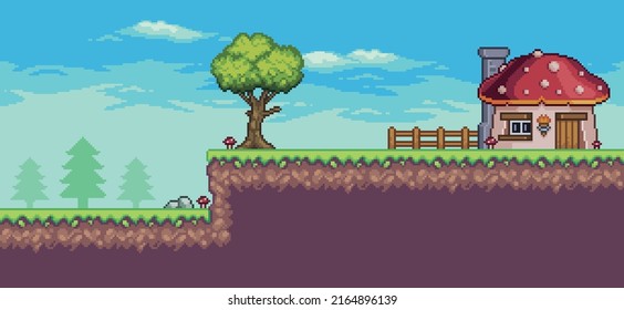 Pixel art arcade game scene with tree, fence and clouds 8 bit vector background
