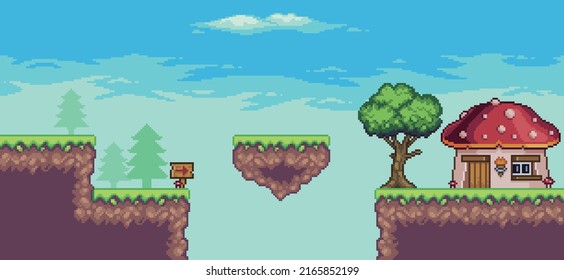 Pixel Art Arcade Game Scene With Tree, Floating Island, House And Clouds 8 Bit Vector Background
