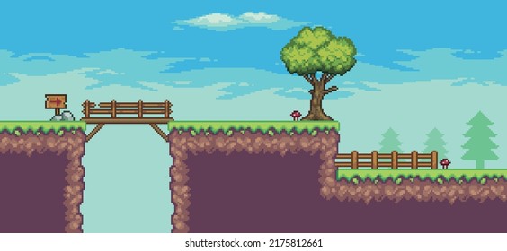 Pixel art arcade game scene with tree, bridge, fence, wooden board, and clouds 8 bit vector background
