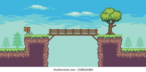 Pixel art arcade game scene with tree, bridge, wooden board, and clouds 8 bit vector background