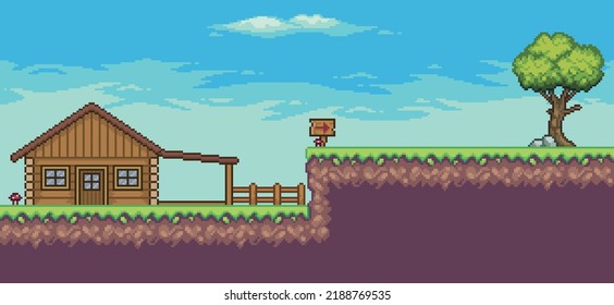 Pixel Art Arcade Game Scene With Wood House, Trees, Fence And Clouds 8bit Background