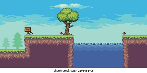 Pixel art arcade game scene with trees, lake, clouds 8bit background