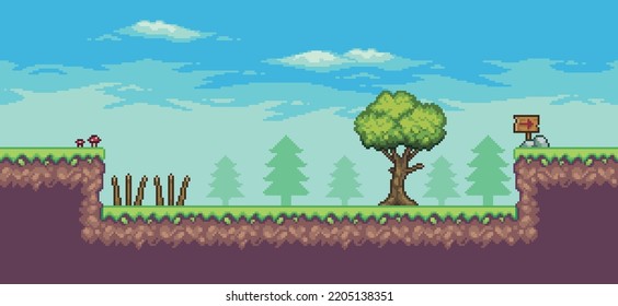 Pixel art arcade game scene with trees, wooden board, trap and clouds 8 bit vector background
