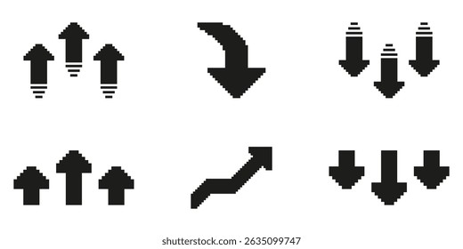 Pixel Art Arrow Icon Set. Directional Navigation And Trend Indicators. Upward, Downward, And Curved Arrows For Movement And Progress Representation. Isolated Vector Illustration.