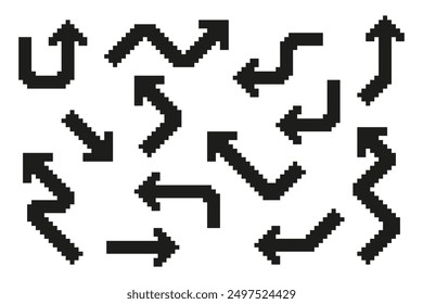 Pixel art arrow sign icons. Collection of pixel thick arrows in different directions. Vector illustration on isolated background.