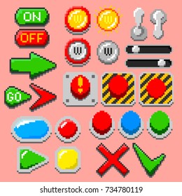 Pixel art arrows, buttons, pilot lights, pointers, game elements, navigation icons, notification lights. 8-bit styled vector illustration set for retro, web, computer, gaming, nerd themed designs.