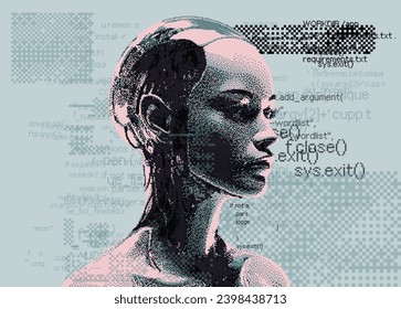 Pixel art of an artificial robotic humanoid head with wires coming from the skull. Lines of code in the background.