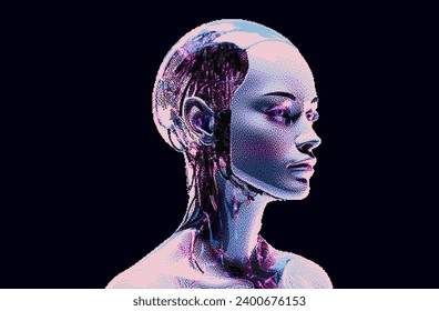 Pixel art of an artificial robotic humanoid head with wires coming from the skull. 