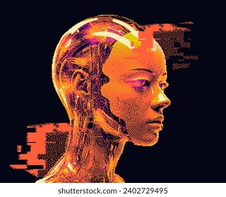 Pixel art of an artificial robotic humanoid head in neon orange colors.