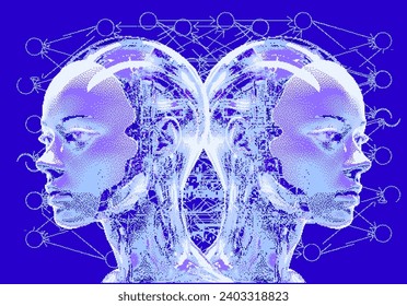 Pixel art of an artificial robotic humanoid head with wires coming from the skull. 