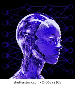 Pixel art of an artificial robotic humanoid head with wires coming from the skull. 