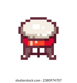 Pixel Art Asian Drum. Retro 8 bit Style Traditional Ceremonial Festive Drum Illustration. Ideal for Sticker, Retro Decorative Element, Game Asset, Emoji, Patch, Avatar.	