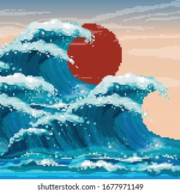 Pixel Art Asian Illustration Ocean Waves เวกเตอรสตอก ปลอดคาลขสทธ Shutterstock