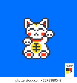 Pixel art asian lucky cat, maneki neko isolated on BLUE background. Pixel lucky cat. Japanese lucky cat character design. 8 bit vector illustration.