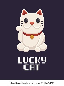 Pixel art asian lucky cat, maneki neko isolated on dark background