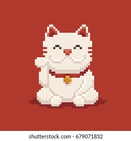 Pixel art gato de sorte asiático, maneki neko isolado no fundo vermelho