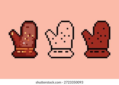 Pixel art asset con tres versiones de un guante de cocina de guante de cocina de guante de cocina, perfecto para simuladores de cocina, juegos de decoración de interiores e iconos de RPG para el hogar.