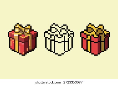 Pixel Art Asset presenta tres versiones de una caja de regalo roja con una cinta dorada. Perfecto para juegos de temática navideña, iconos de recompensas de RPG y diseño de interfaz de usuario festivo.